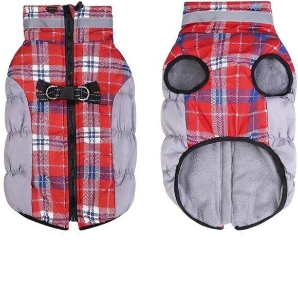 BeautyZoo Plaid Dog Coat Jacket M Fleece Harness Built in Reflective Waterproof - Picture 2 of 4